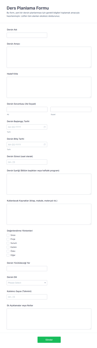 Ders Planlama Form Şablonu