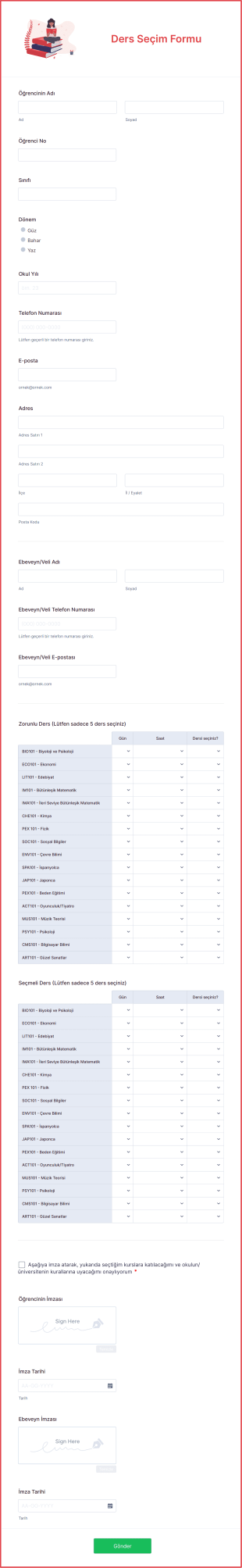 Ders Seçim Form Template