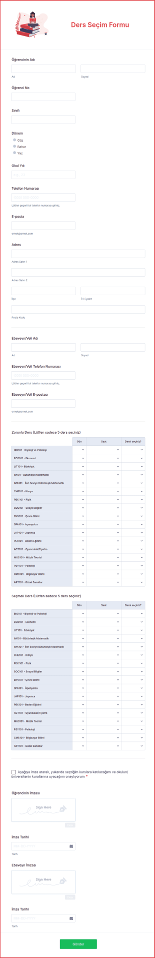 Ders Seçim Form Şablonu