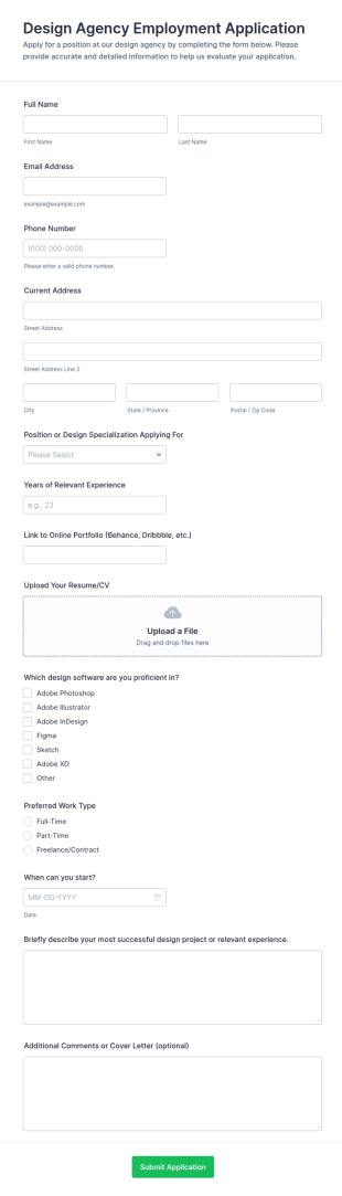 Design Agency Employment Application Form Template