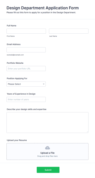Design Department Application Form Form Template