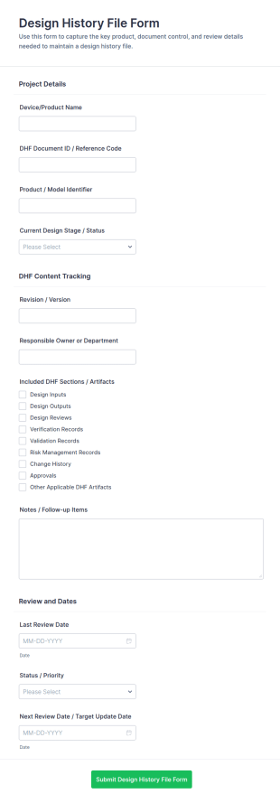 Design History File Form Template