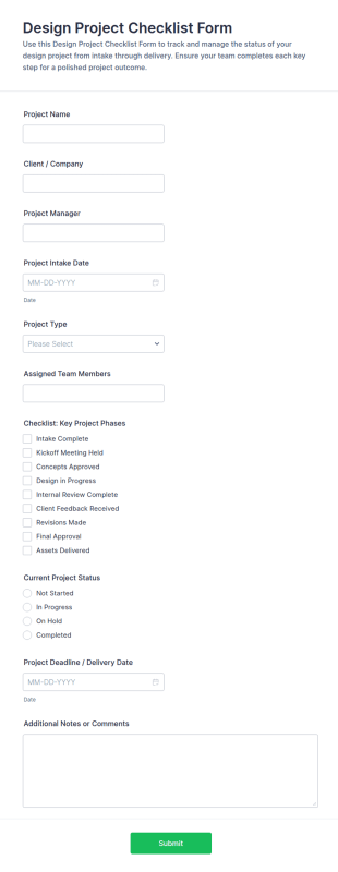 Design Project Checklist Form Template