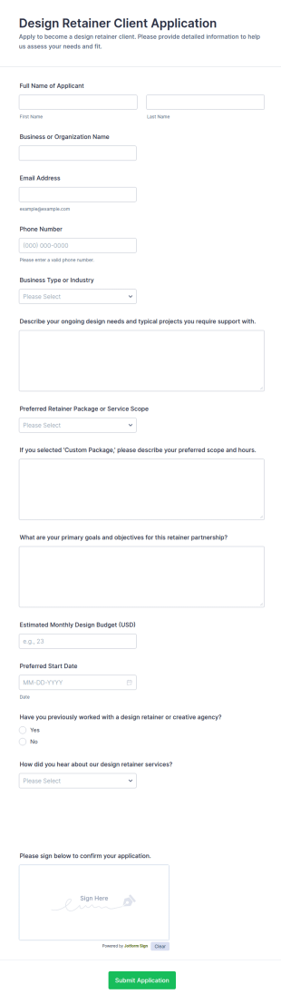 Design Retainer Client Application Form Template