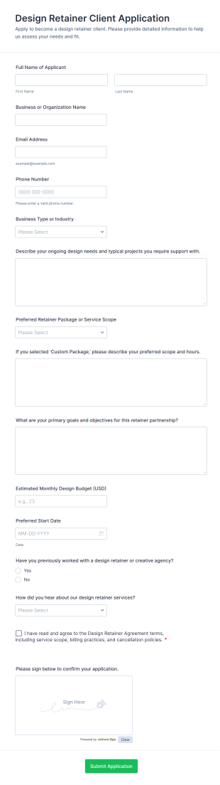 Design Retainer Client Application Form Template