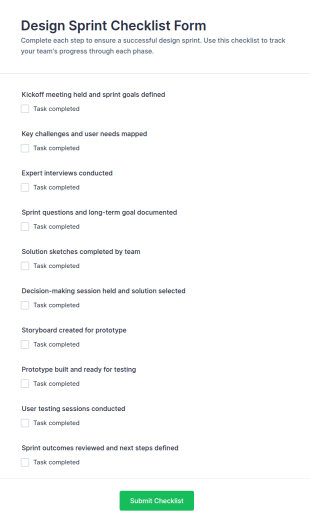 Design Sprint Checklist Form Template