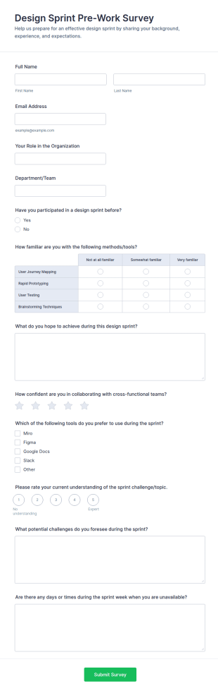 Design Sprint Pre Work Survey Form Template
