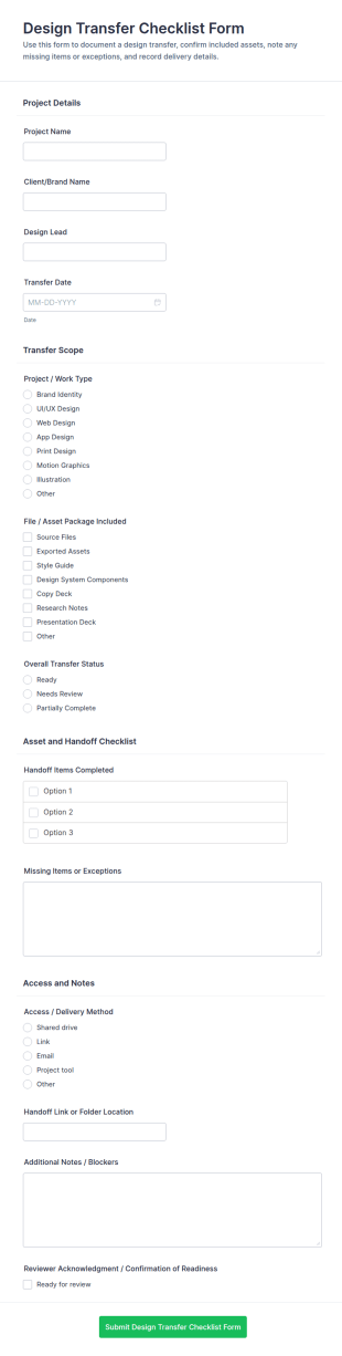 Design Transfer Checklist Form Template
