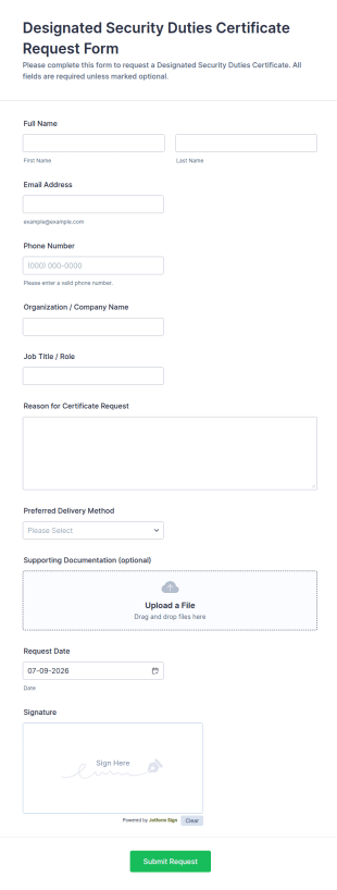 Designated Security Duties Certificate Request Form Template