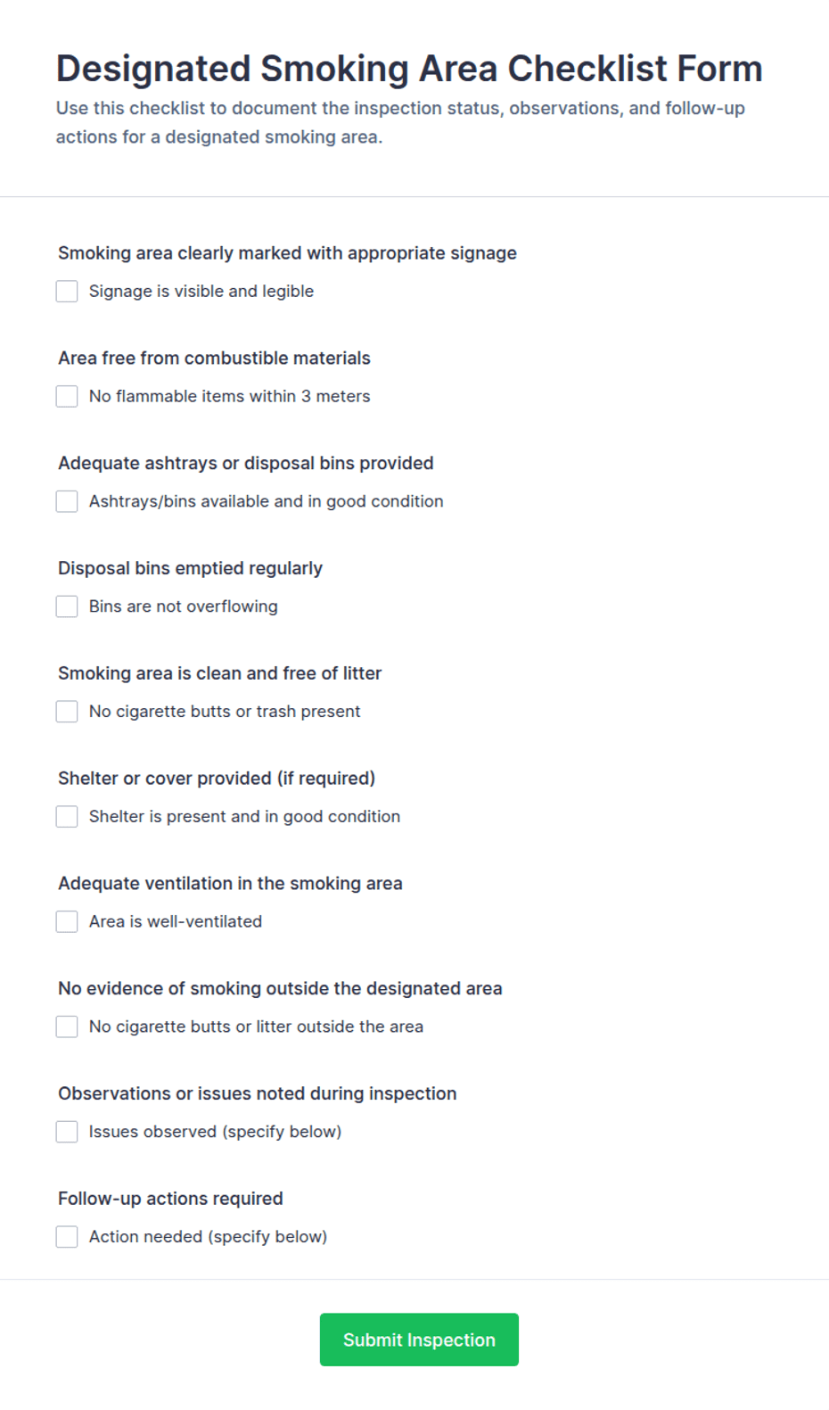 Designated Smoking Area Checklist Form Template | Jotform