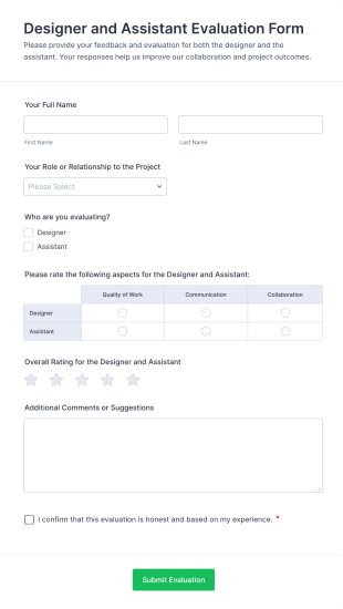 Designer And Assistant Evaluation Form Template