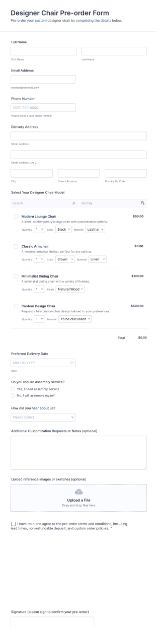 Designer Chair Pre Order Form Template