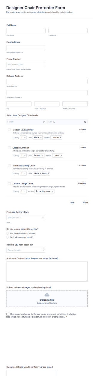 Designer Chair Pre Order Form Template