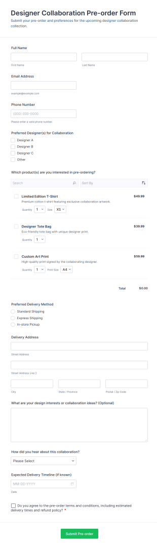 Designer Collaboration Pre Order Form Template
