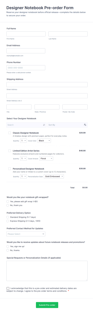 Designer Notebook Pre Order Form Template