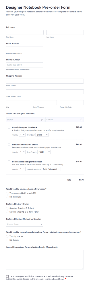 Designer Notebook Pre Order Form Template