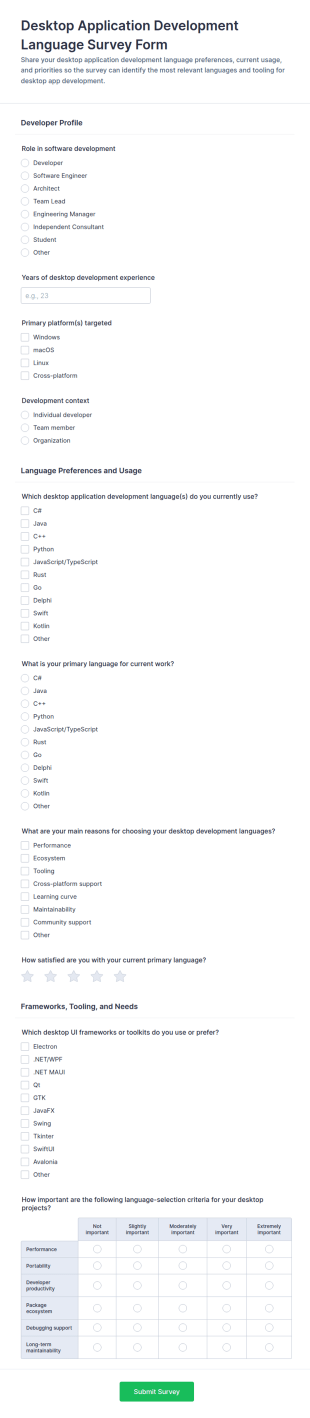Desktop Application Development Language Survey Form Template