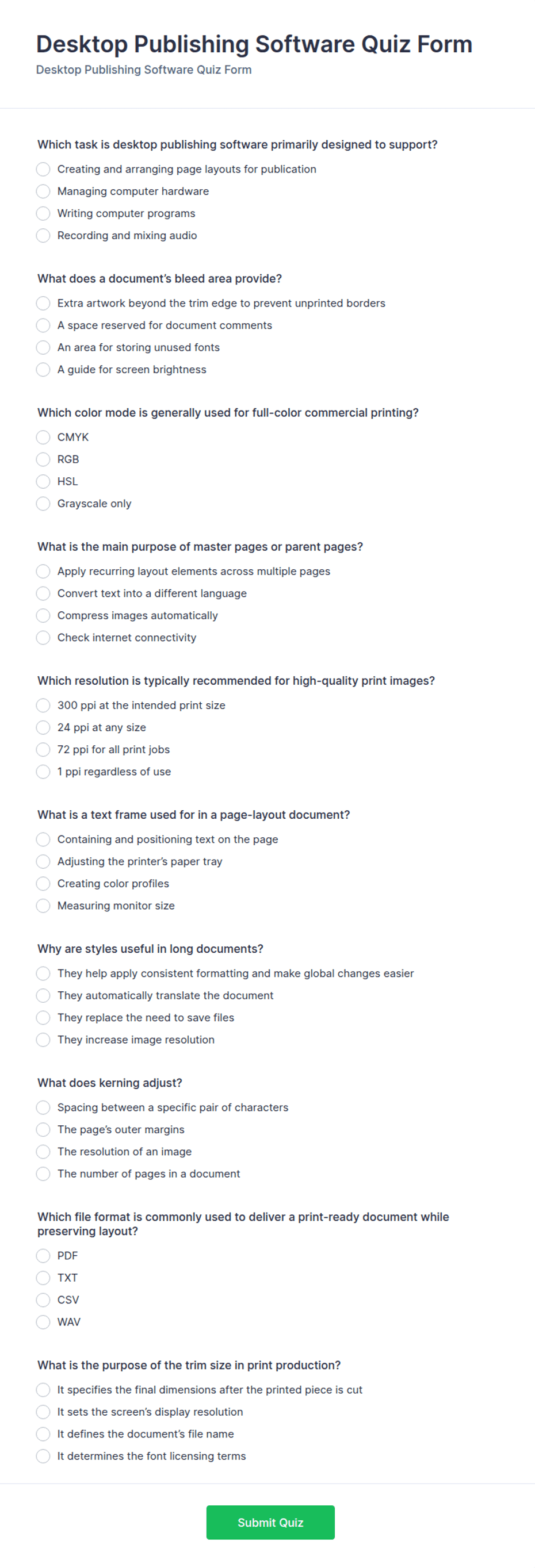 Desktop Publishing Software Quiz Form Template | Jotform