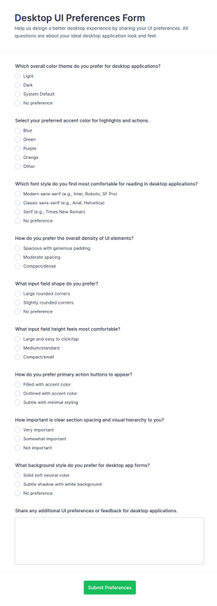 Desktop UI Preferences Form Template