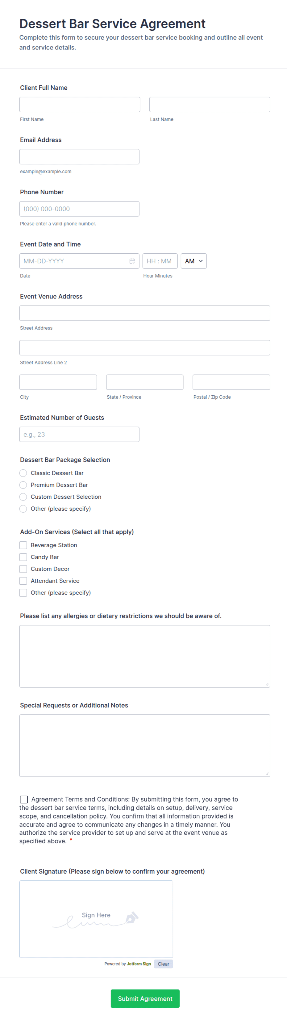 Dessert Bar Service Agreement Form Template | Jotform