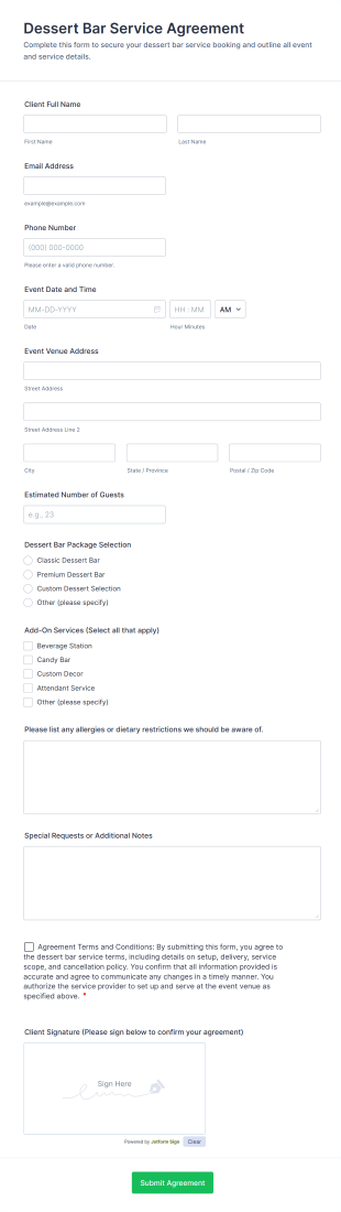 Dessert Bar Service Agreement Form Template