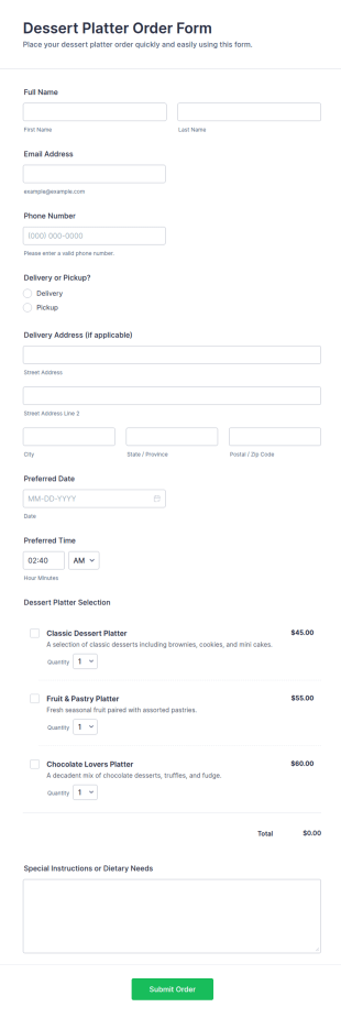 Dessert Platter Order Form Template