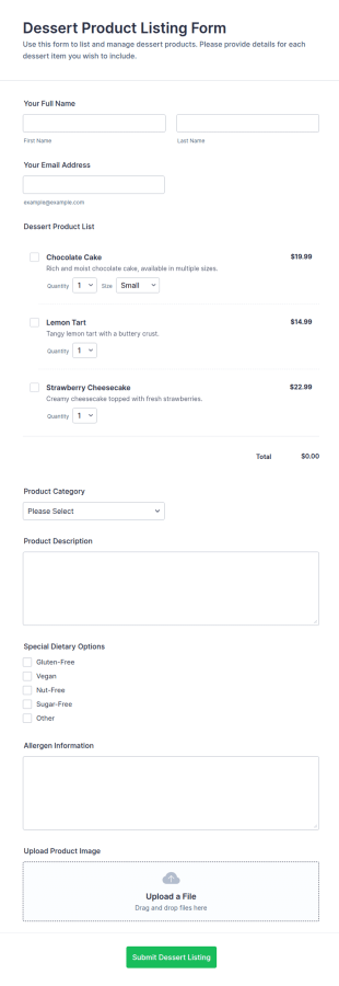 Dessert Product Listing Form Template