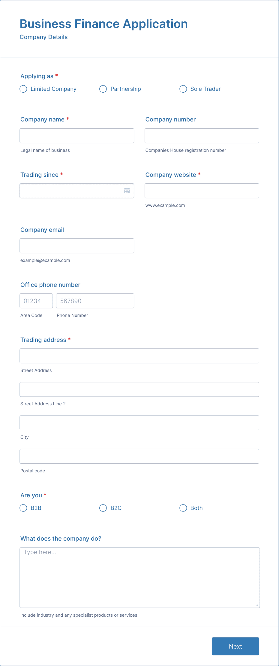 Detailed Business Finance Application Form Template | Jotform