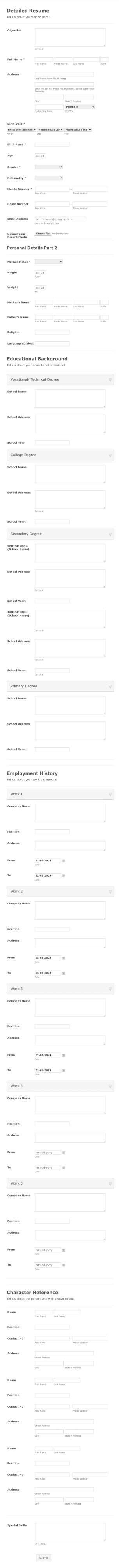 Detailed Resume Form Template