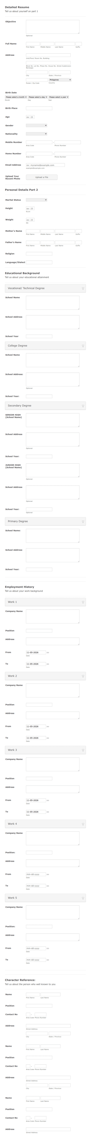 Detailed Resume Form Template