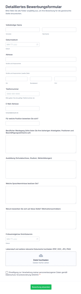 Detailliertes Bewerbungsformular