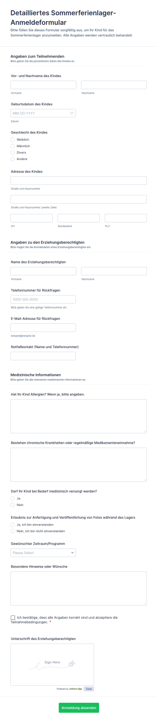 Detailliertes Sommerferienlager Anmeldeformular