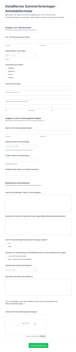 Detailliertes Sommerferienlager Anmeldeformular