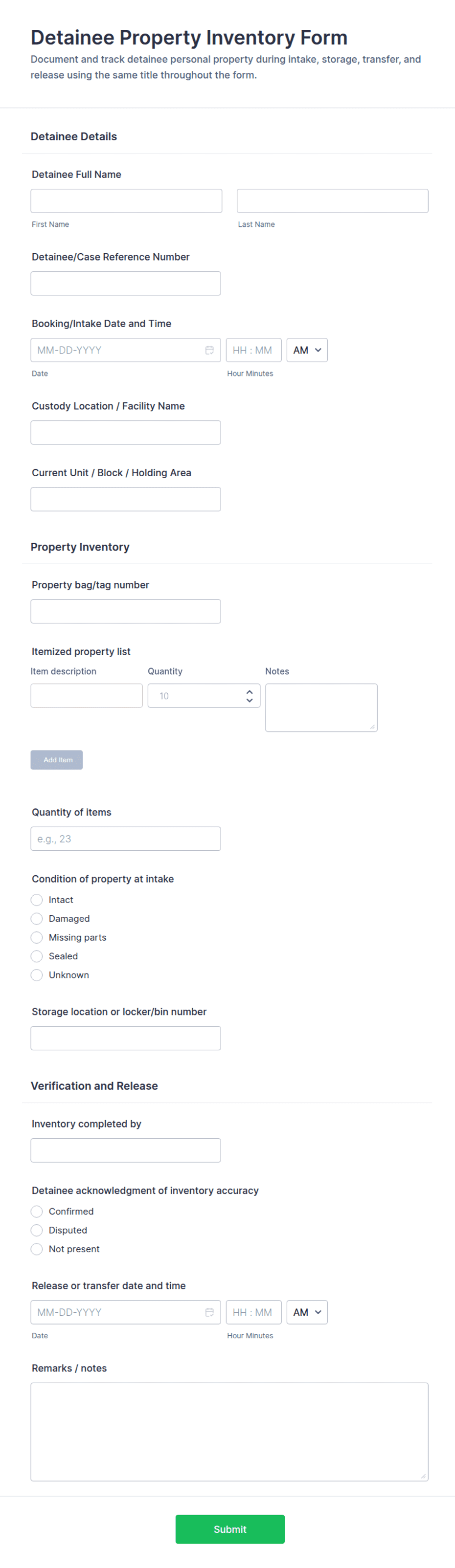 Detainee Property Inventory Form Template | Jotform