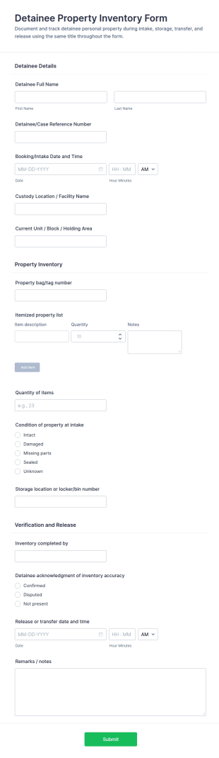 Detainee Property Inventory Form Template