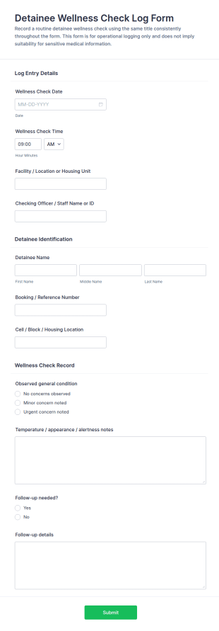 Detainee Wellness Check Log Form Template
