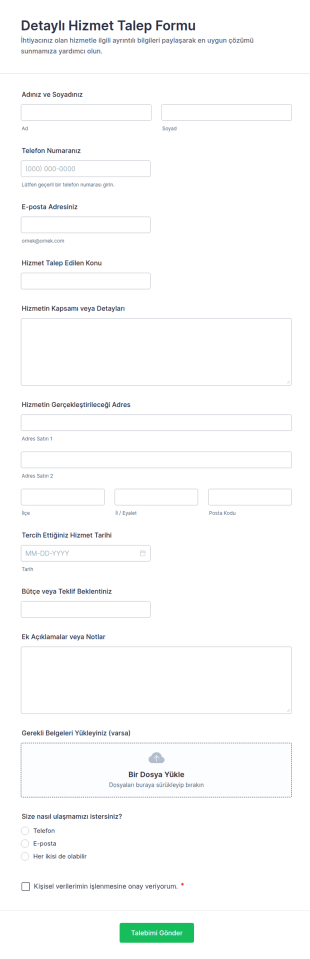 Detaylı Hizmet Talep Form Şablonu