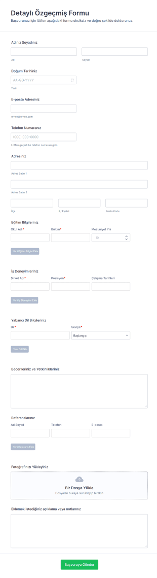 Detaylı Özgeçmiş Form Şablonu