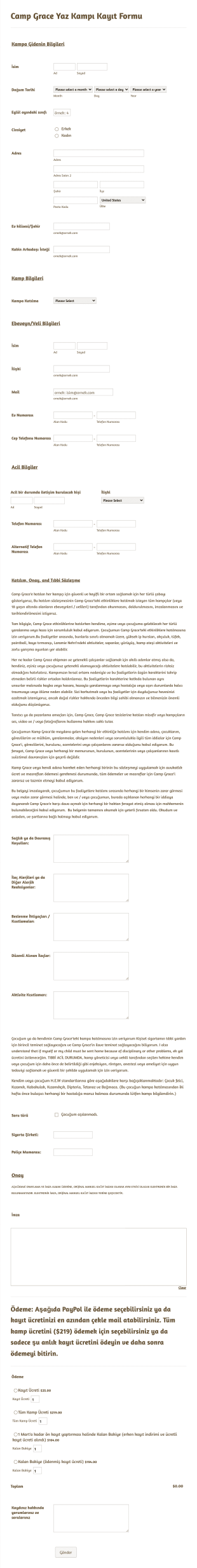 Detaylı Yaz Kampı Kayıt Form Template