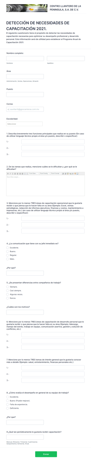 Detección De Necesidades De Capacitación 2021. Llantica Form Template