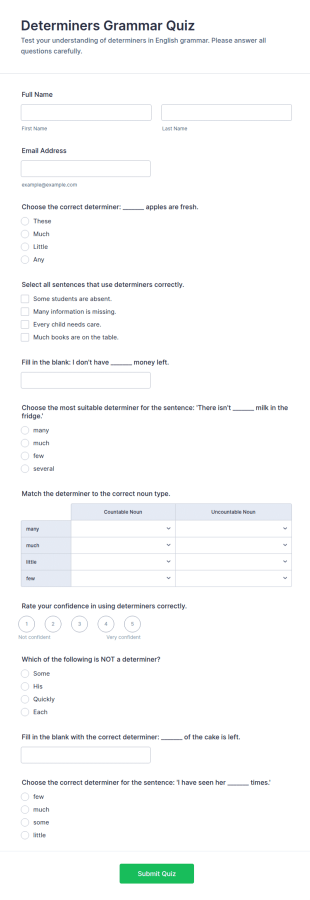 Determiners Grammar Quiz Form Template