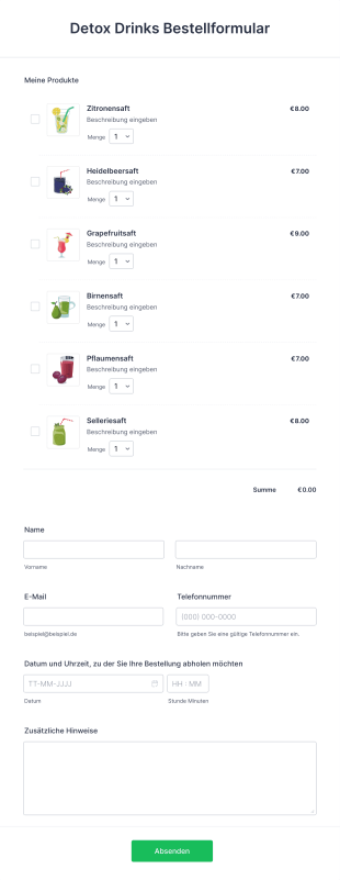 Detox Drinks Bestellformular Form Template