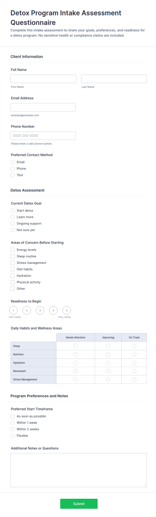 Detox Program Intake Assessment Form Template