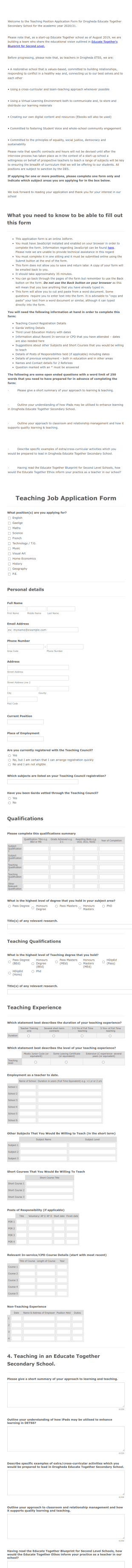 Secondary School Teaching Job Application Form Template