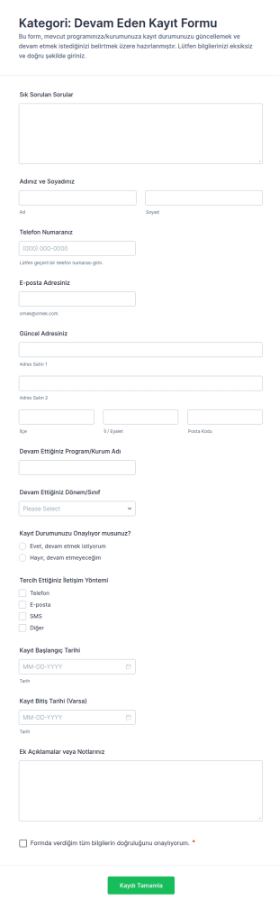 Devam Eden Kayıt Form Şablonu