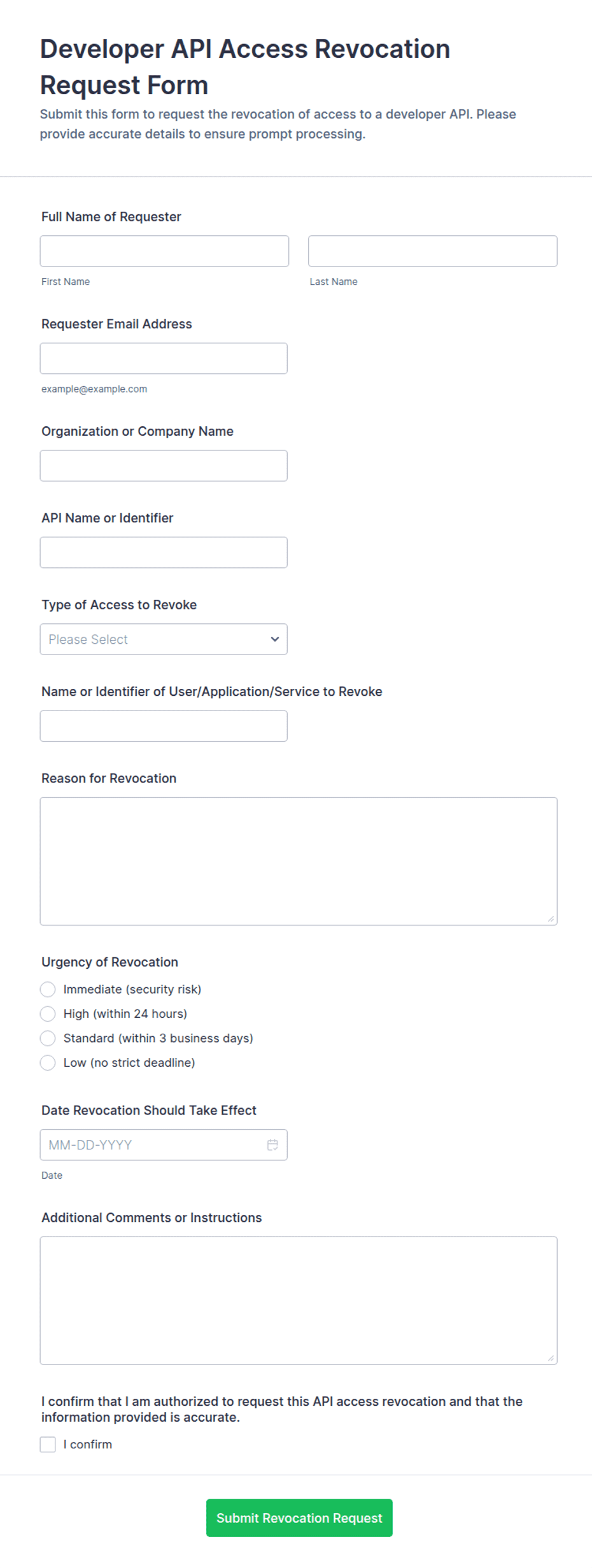 Developer API Access Revocation Request Form Template | Jotform