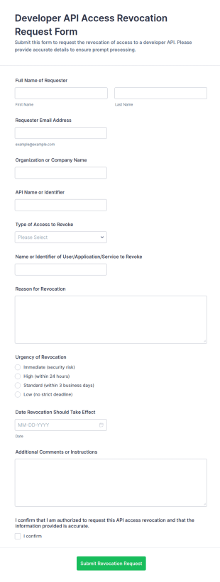 Developer API Access Revocation Request Form Template