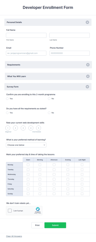 Developer Enrollment Form Template