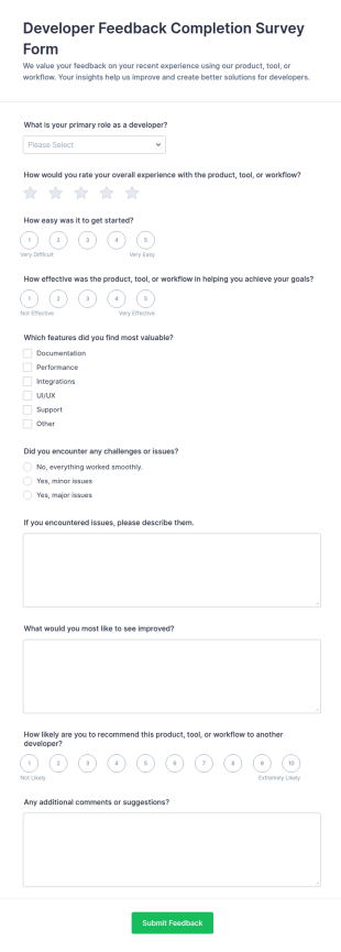 Developer Feedback Completion Survey Form Template