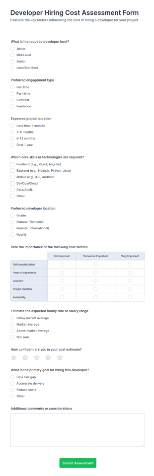 Developer Hiring Cost Assessment Form Template